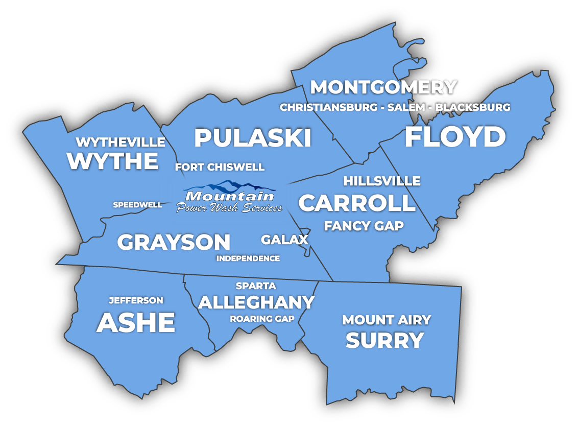 Illustrated map showing our service area, which includes the counties of Ashe, Alleghany, Surry in North Carolina, and Grayson, Wythe, Pulaski, Carroll, Floyd, Montgomery, and Roanoke in Virginia.